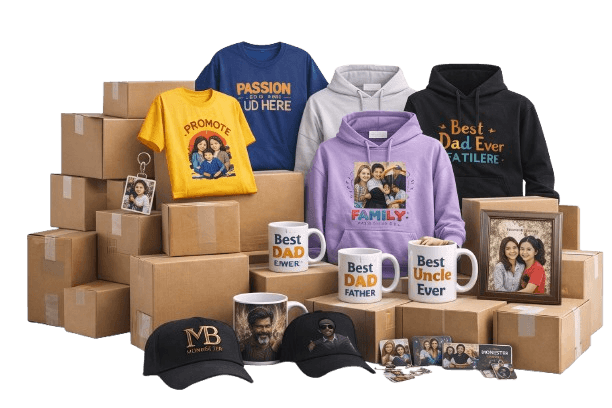 Stacked custom t-shirts and boxes